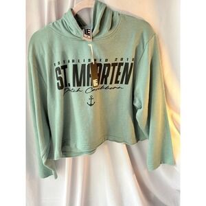 St. Maarten Dutch Caribbean Ladies Fleece Hooded Crop Top Ocean Green Style 7084